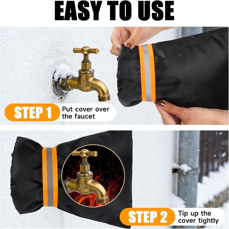 LLWAN 2 Pack Outdoor Faucet Covers for Winter, 6.7" W x 8.3" H Outdoor Water Faucet Cover Socks for Winter Freeze Protection Pipe Reusable Waterproof Insulated Spigot Covers with Reflective Strips, Black - Image 5